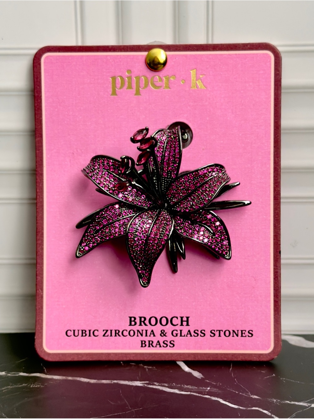 Piper K Pink Lily Brooch Pin Cubic Zirconia Glass Stones Gunmetal Brass NWT